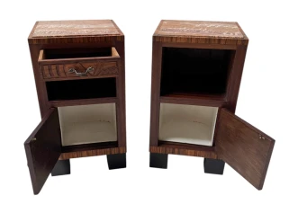 Two Art Deco Nightstands or Bedside Tables with Multi-Colored Marble Tops, 1930s